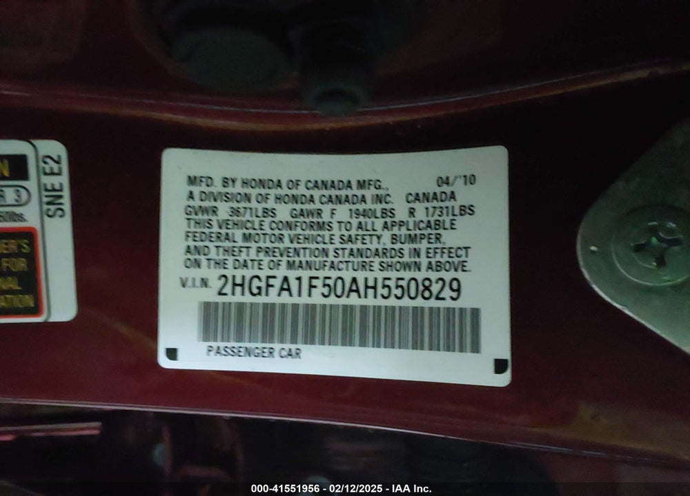 2010 HONDA CIVIC LX VIN: 2HGFA1F50AH550829