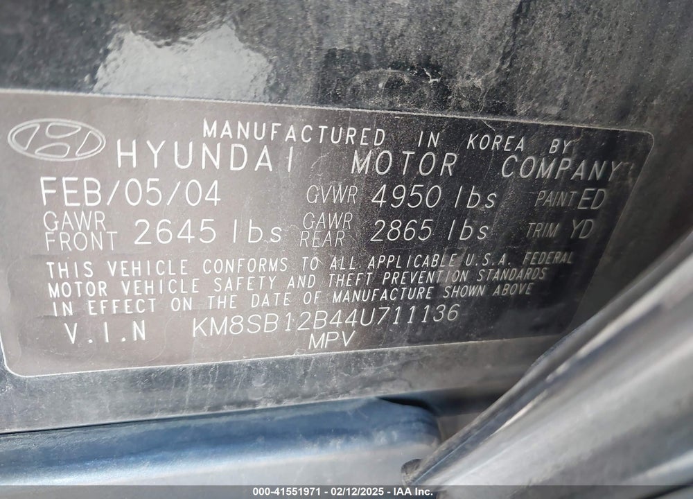 2004 HYUNDAI SANTA FE VIN: KM8SB12B44U711136