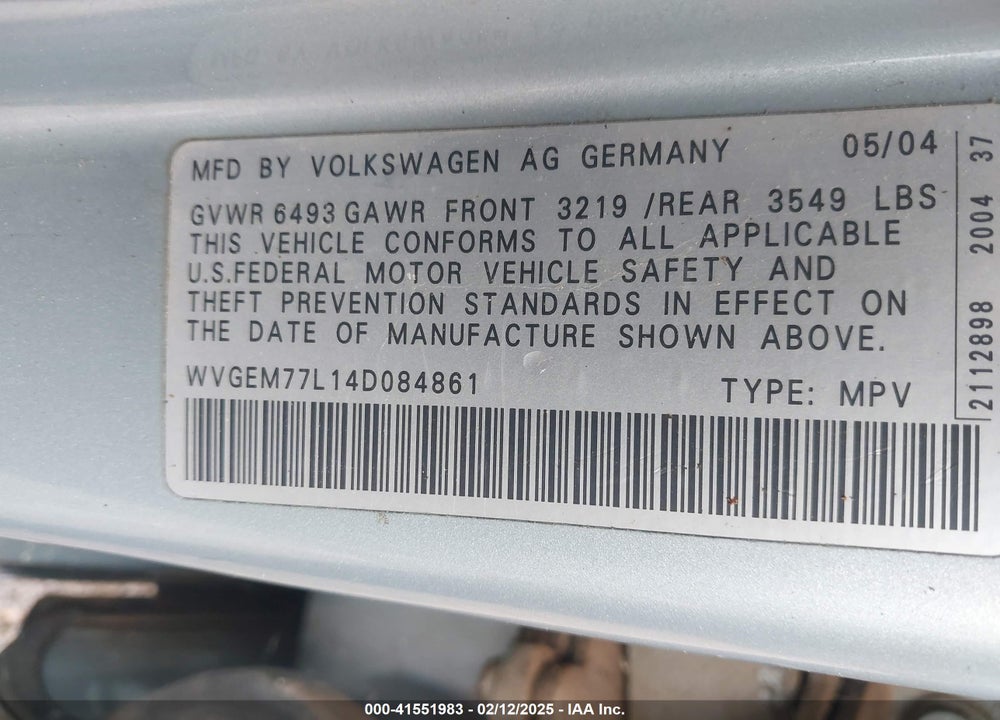 2004 VOLKSWAGEN TOUAREG V8 VIN: WVGEM77L14D084861