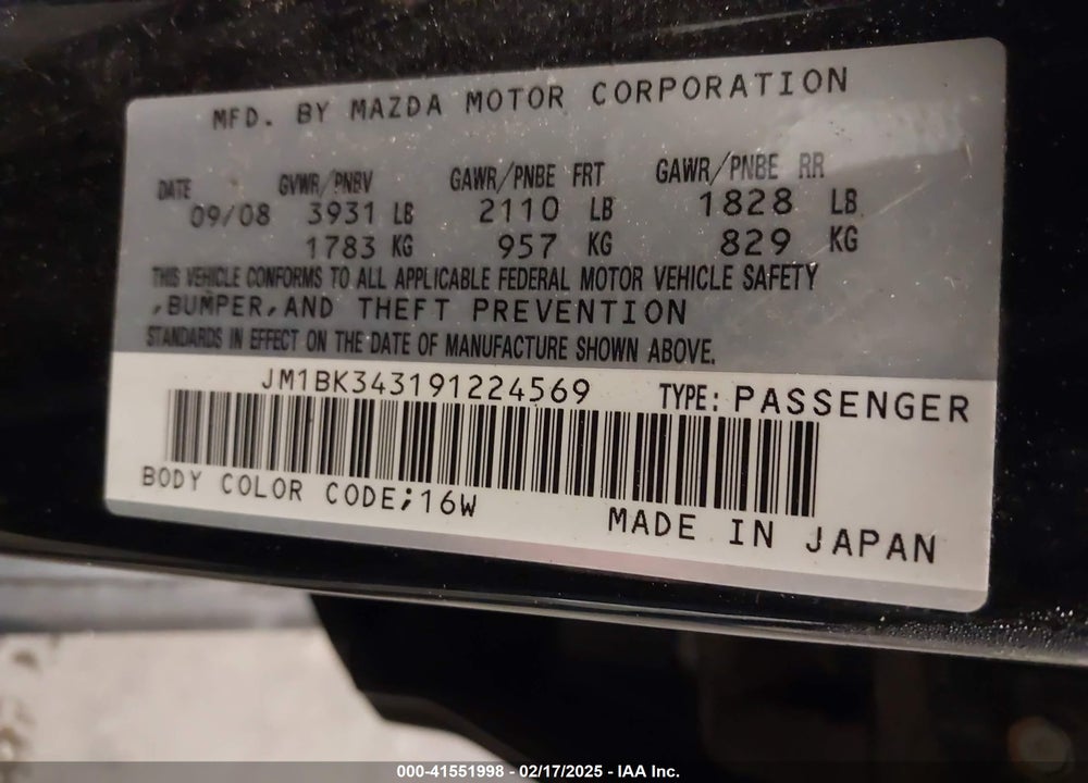 2009 MAZDA 3 S TOURING VIN: JM1BK343191224569