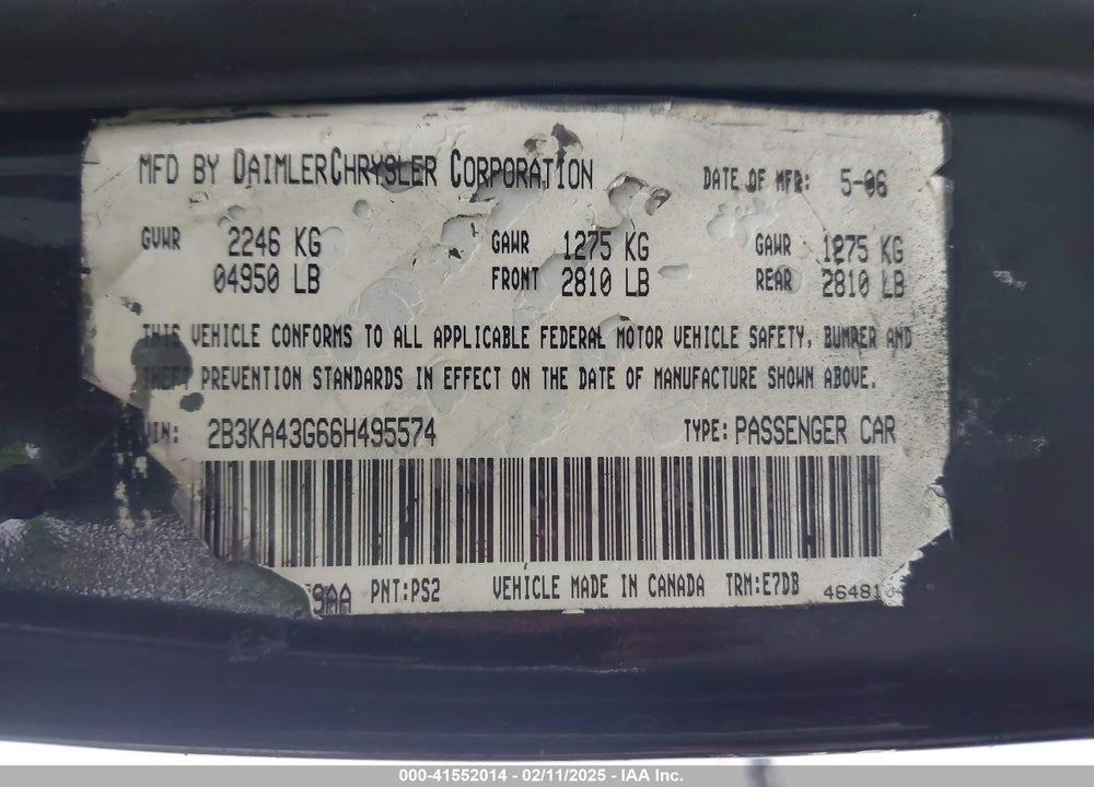 2006 DODGE CHARGER VIN: 2B3KA43G66H495574