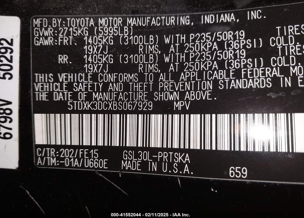 2011 TOYOTA SIENNA SPORT VIN: 5TDXK3DCXBS067929