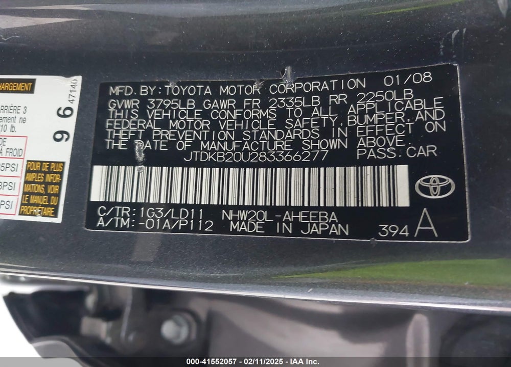 2008 TOYOTA PRIUS VIN: JTDKB20U283366277