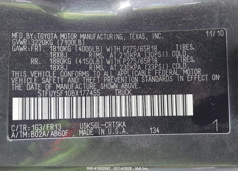 2011 TOYOTA TUNDRA GRADE 5.7L V8 VIN: 5TFUY5F10BX177455