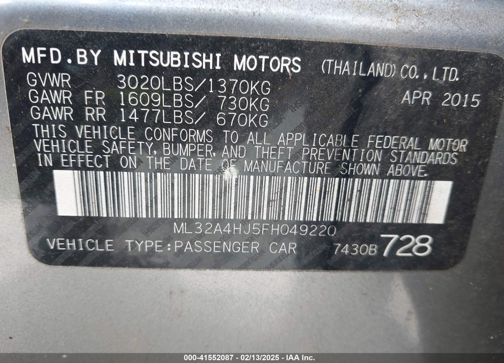 2015 MITSUBISHI MIRAGE VIN: ML32A4HJ5FH049220