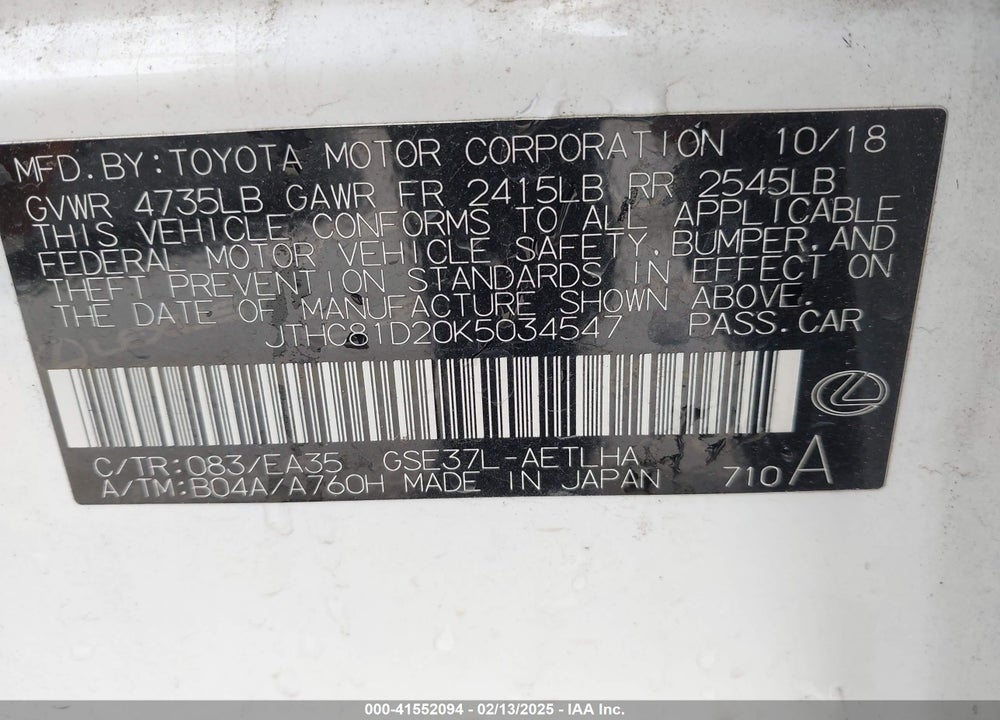 2019 LEXUS IS 300 VIN: JTHC81D20K5034547