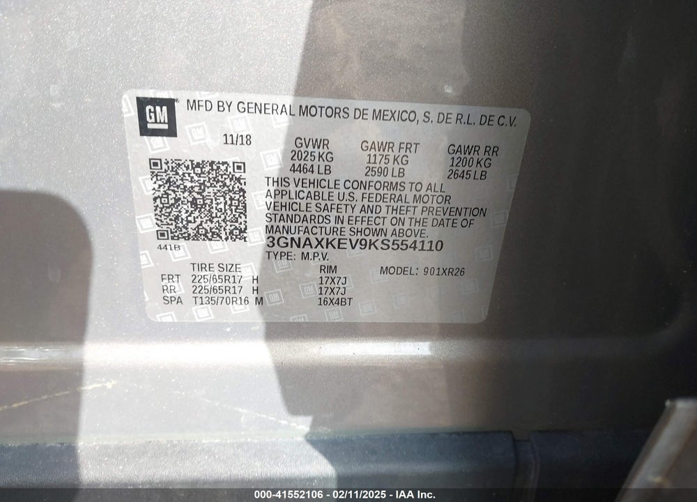 2019 CHEVROLET EQUINOX VIN: 3GNAXKEV9KS554110