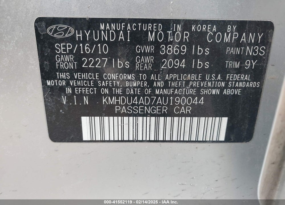 2010 HYUNDAI ELANTRA VIN: KMHDU4AD7AU190044