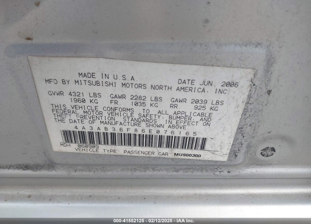 2006 MITSUBISHI GALANT VIN: 4A3AB36F86E076165