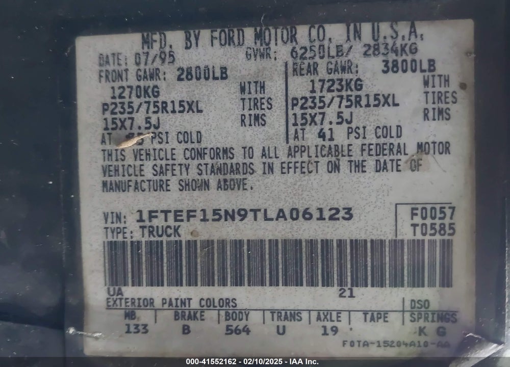 1996 FORD F150 VIN: 1FTEF15N9TLA06123