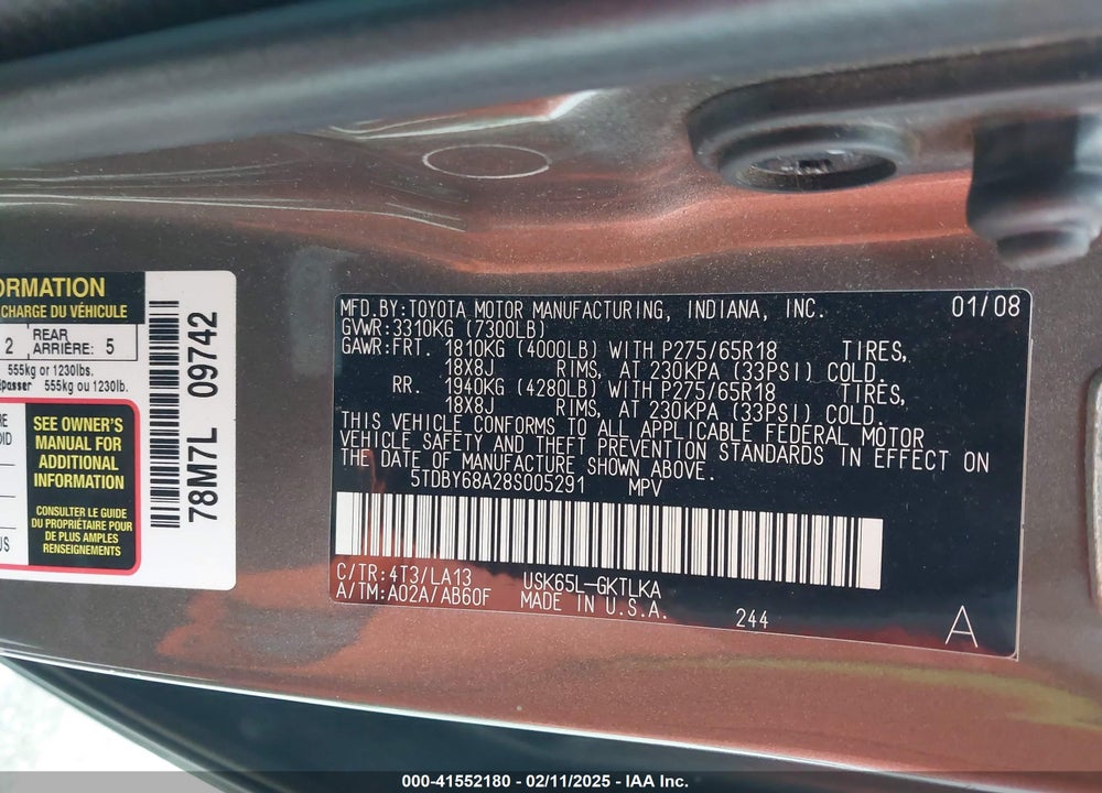 2008 TOYOTA SEQUOIA LIMITED 5.7L V8 VIN: 5TDBY68A28S005291