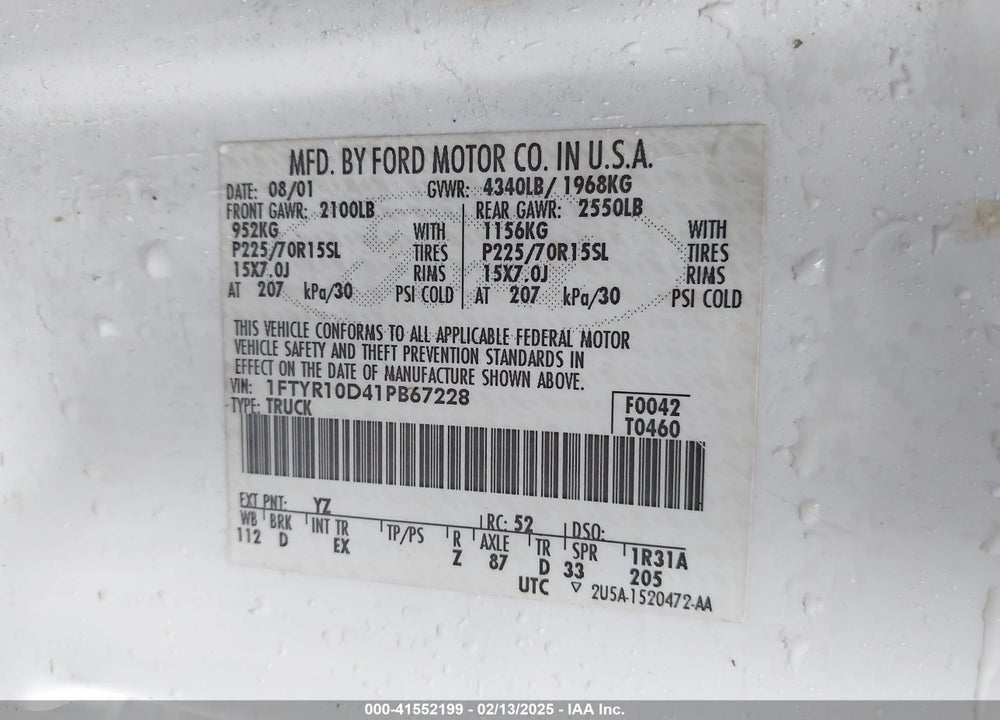 2001 FORD RANGER XL/XLT VIN: 1FTYR10D41PB67228