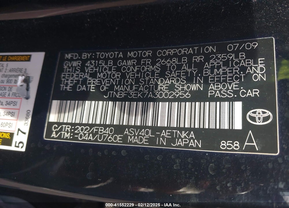 2010 TOYOTA CAMRY VIN: JTNBF3EK7A3002956