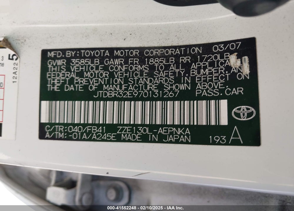 2007 TOYOTA COROLLA LE VIN: JTDBR32E970131267