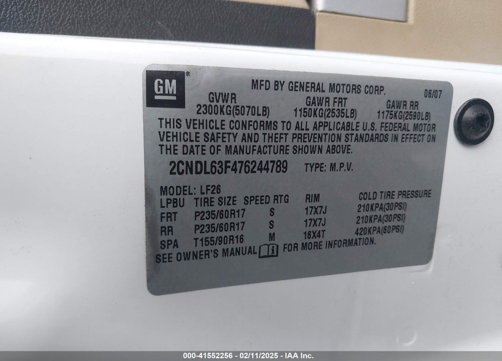 2007 CHEVROLET EQUINOX LT VIN: 2CNDL63F476244789