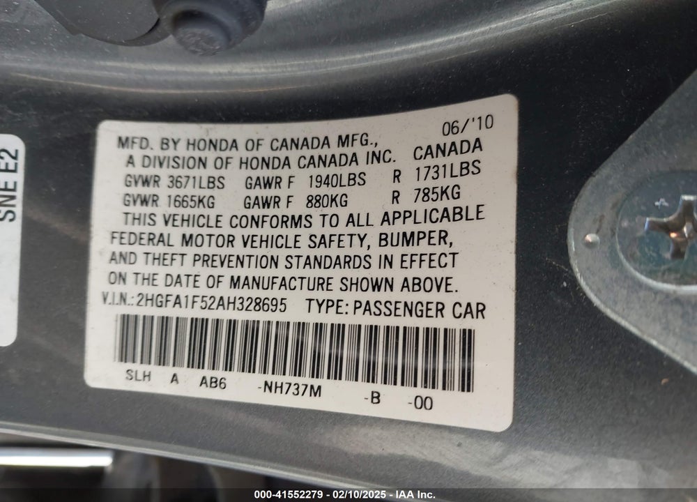 2010 HONDA CIVIC VIN: 2HGFA1F52AH328695