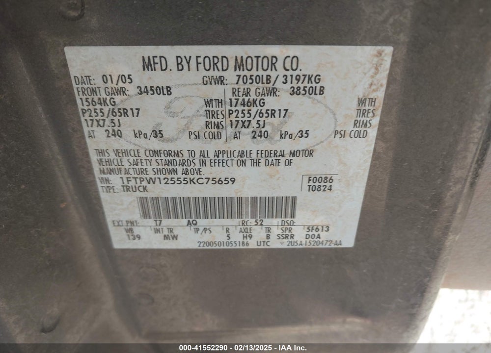 2005 FORD F-150 LARIAT/XLT VIN: 1FTPW12555KC75659