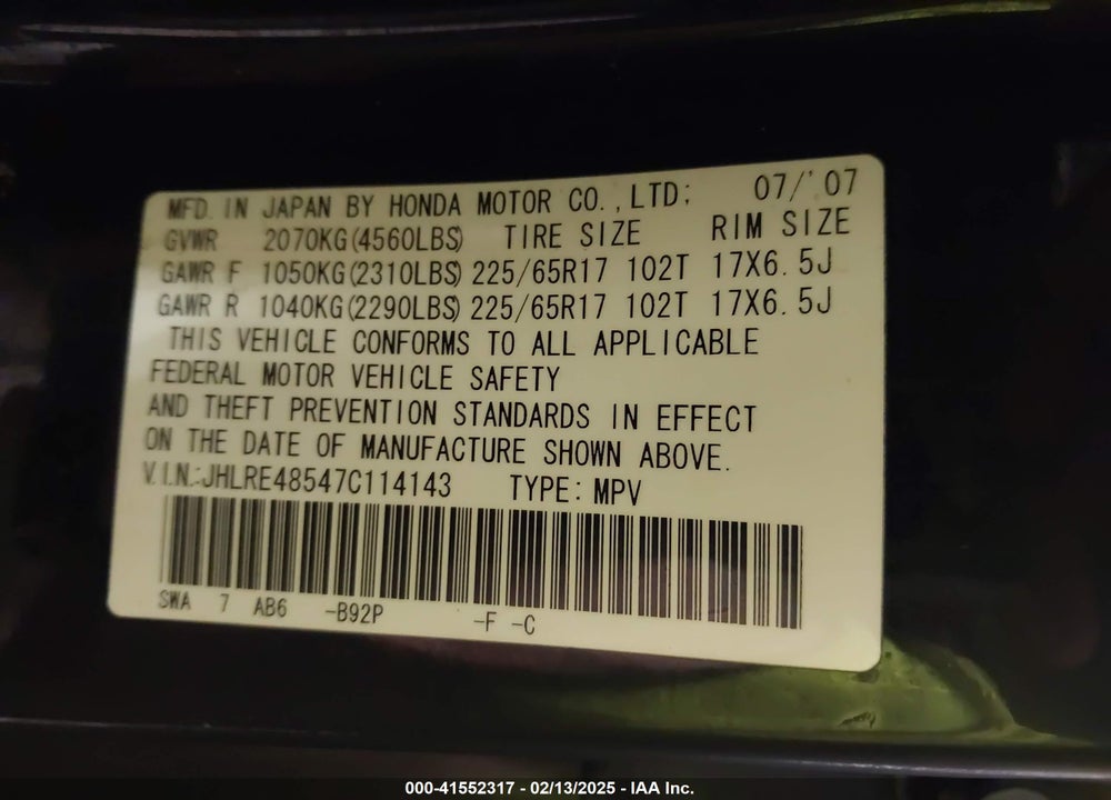 2007 HONDA CR-V EX VIN: JHLRE48547C114143