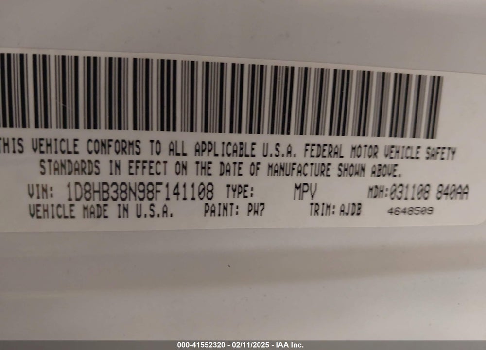 2008 DODGE DURANGO VIN: 1D8HB38N98F141108
