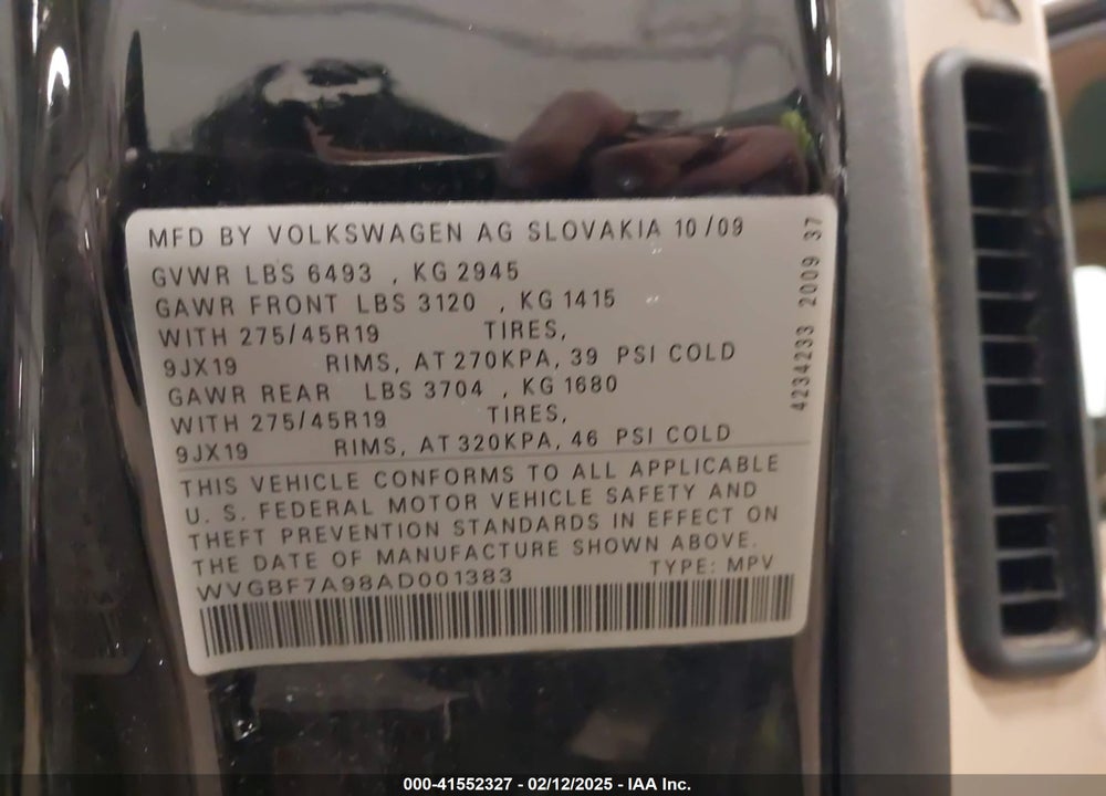 2010 VOLKSWAGEN TOUAREG VIN: WVGBF7A98AD001383