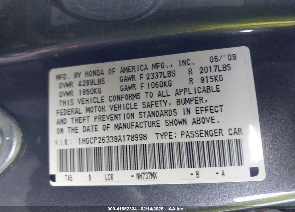 2009 HONDA ACCORD VIN: 1HGCP26339A178998