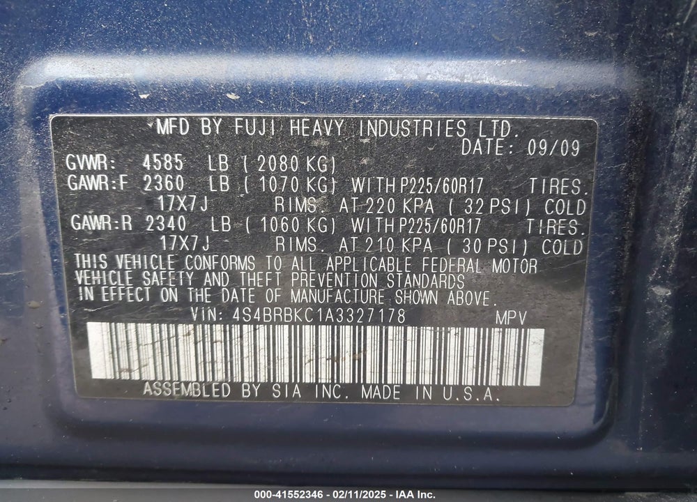 2010 SUBARU OUTBACK VIN: 4S4BRBKC1A3327178