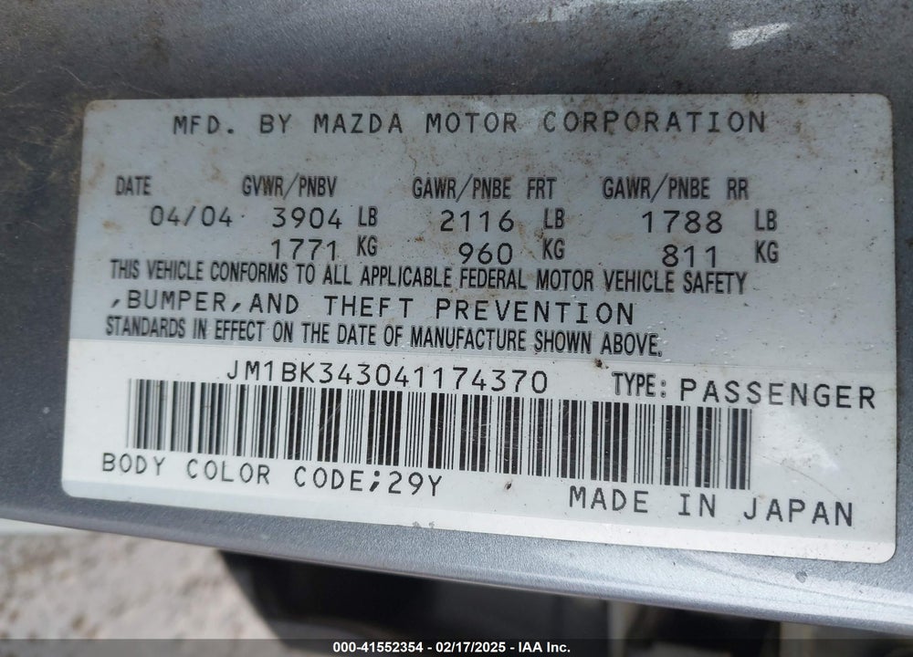 2004 MAZDA MAZDA3 VIN: JM1BK343041174370
