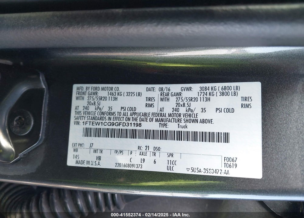 2016 FORD F-150 VIN: 1FTEW1CG9GFD31198
