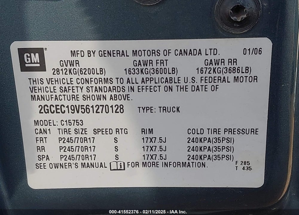2006 CHEVROLET SILVERADO 1500 VIN: 2GCEC19V561270128