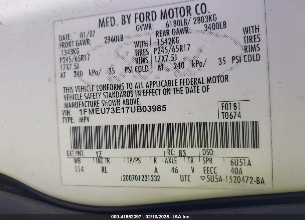 2007 FORD EXPLORER VIN: 1FMEU73E17UB03985