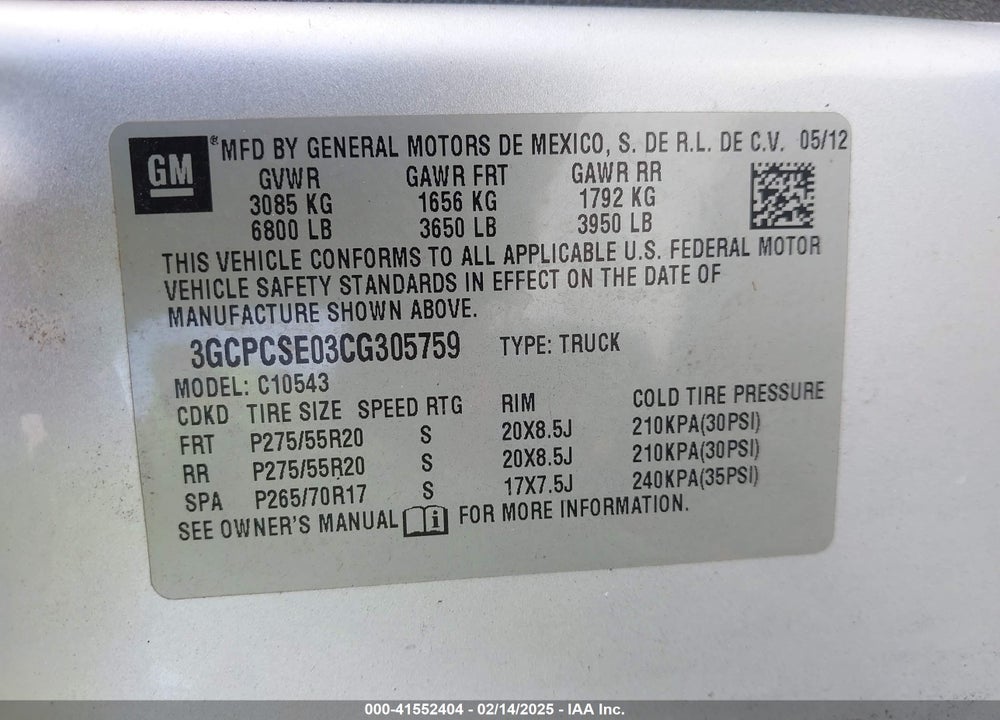 2012 CHEVROLET SILVERADO 1500 VIN: 3GCPCSE03CG305759