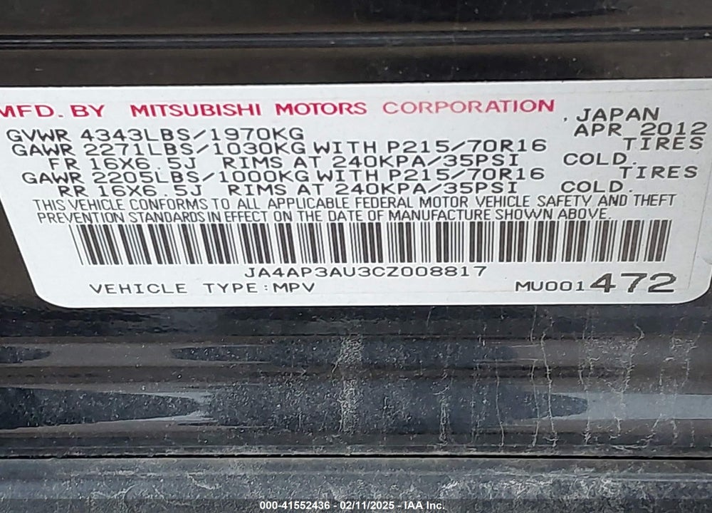 2012 MITSUBISHI OUTLANDER SPORT ES VIN: JA4AP3AU3CZ008817