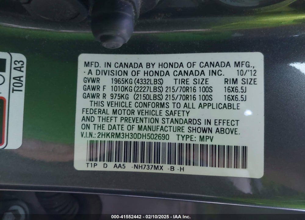 2013 HONDA CR-V LX VIN: 2HKRM3H30DH502690