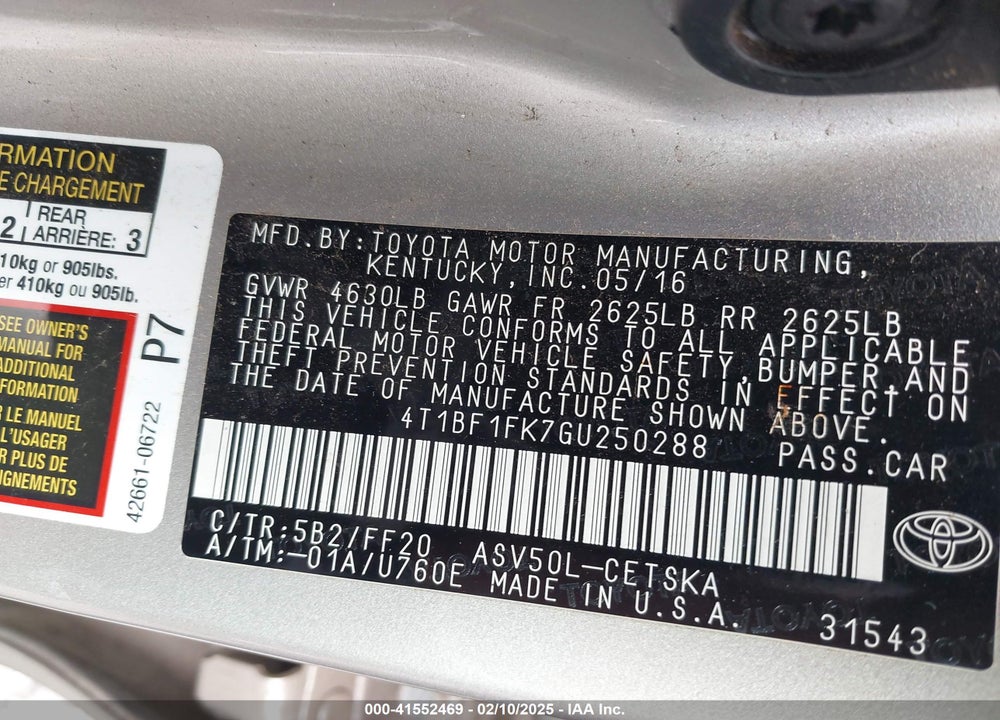 2016 TOYOTA CAMRY VIN: 4T1BF1FK7GU250288