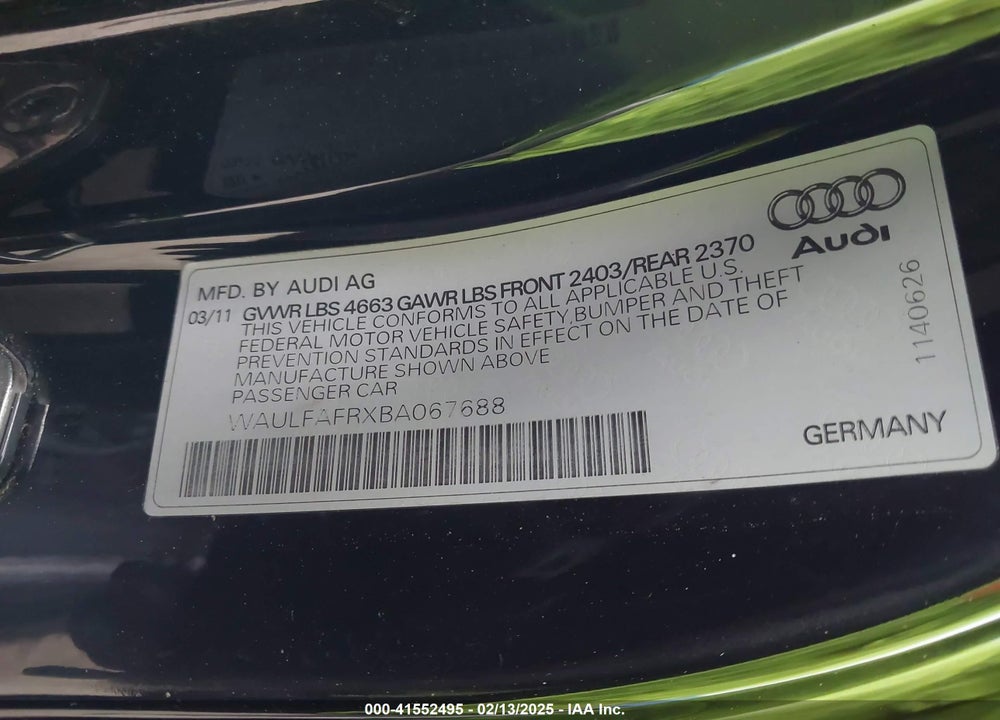 2011 AUDI A5 VIN: WAULFAFRXBA067688