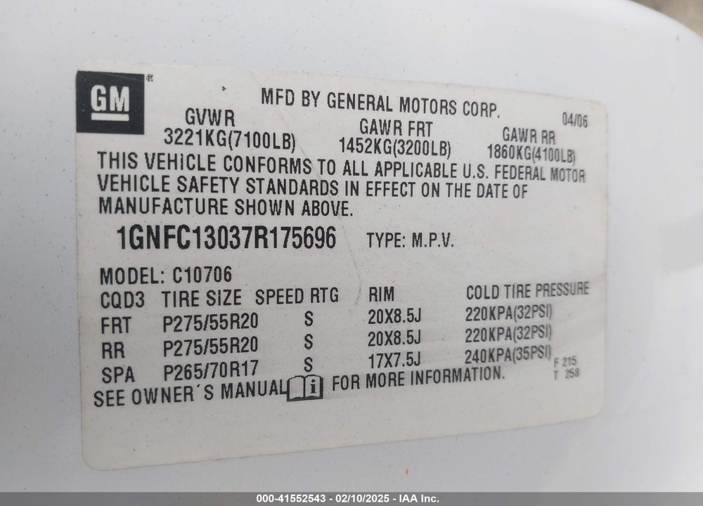 2007 CHEVROLET TAHOE VIN: 1GNFC13037R175696
