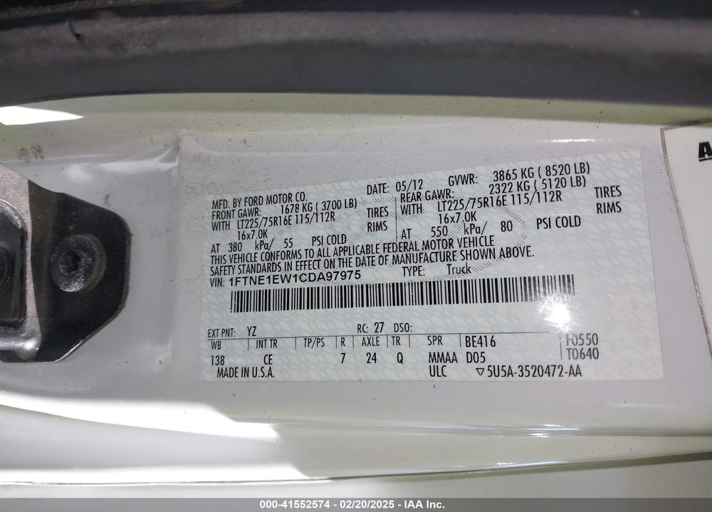 2012 FORD E-150 COMMERCIAL VIN: 1FTNE1EW1CDA97975