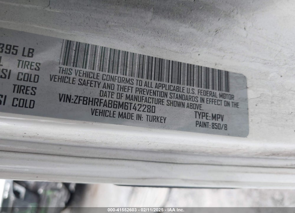 2021 RAM PROMASTER CITY TRADESMAN VIN: ZFBHRFAB6M6T42280