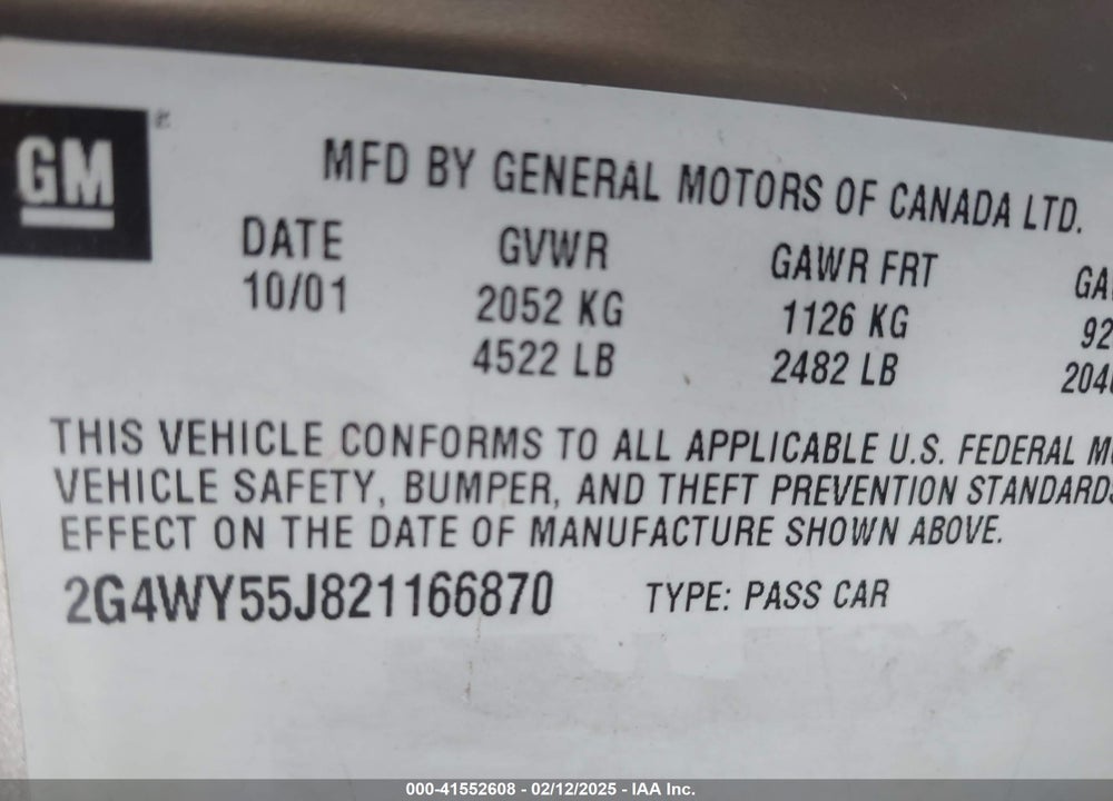 2002 BUICK CENTURY LIMITED VIN: 2G4WY55J821166870