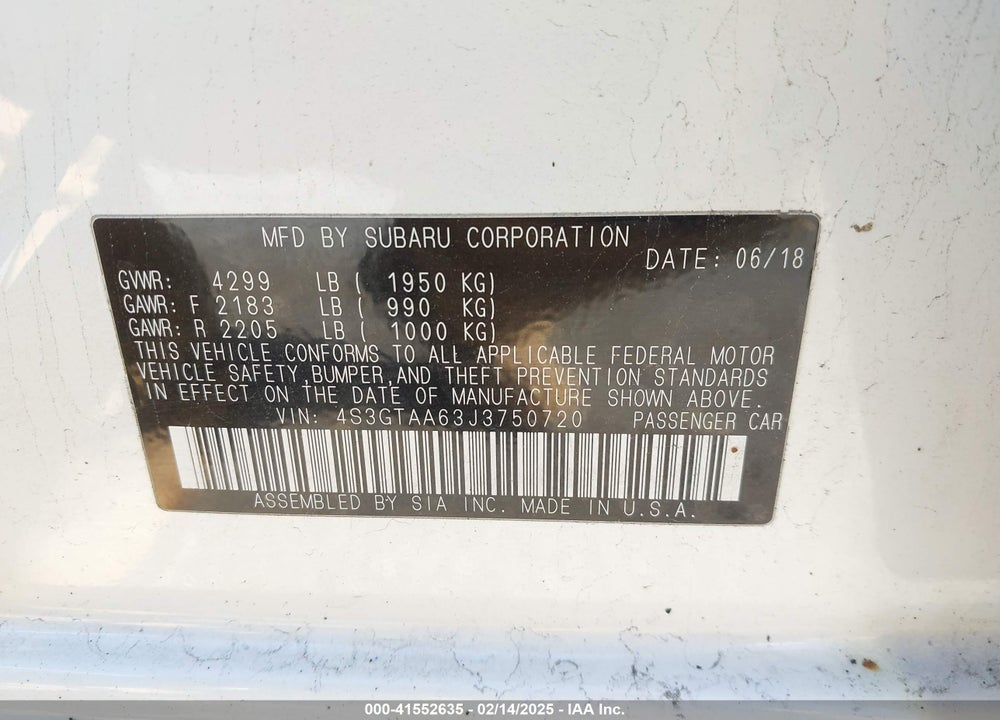 2018 SUBARU IMPREZA 2.0I VIN: 4S3GTAA63J3750720