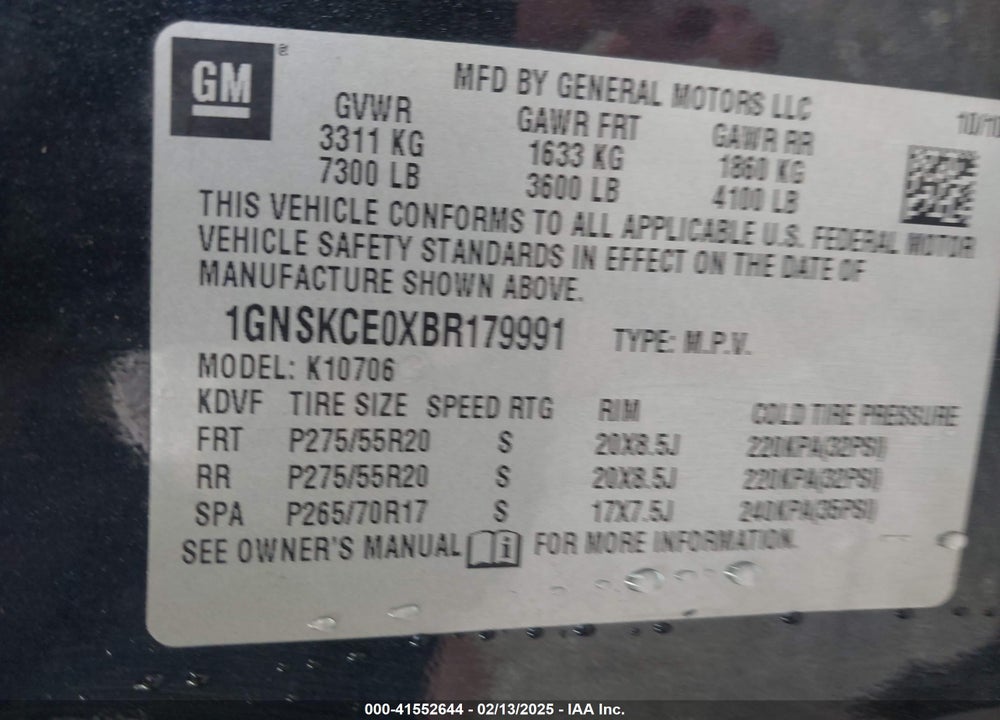 2011 CHEVROLET TAHOE LTZ VIN: 1GNSKCE0XBR179991