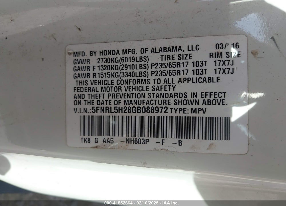 2016 HONDA ODYSSEY LX VIN: 5FNRL5H28GB088972