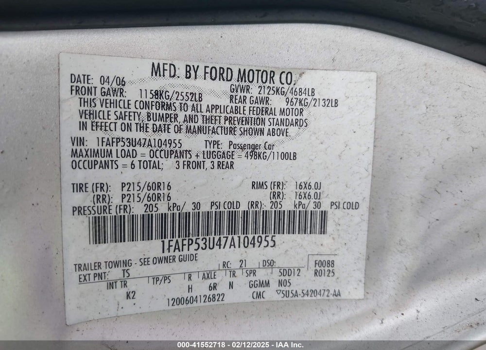 2007 FORD TAURUS VIN: 1FAFP53U47A104955