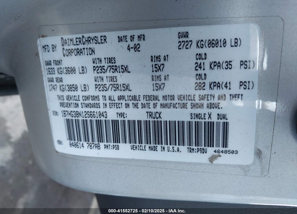 2002 DODGE DAKOTA SPORT VIN: 1B7HG38N12S661043