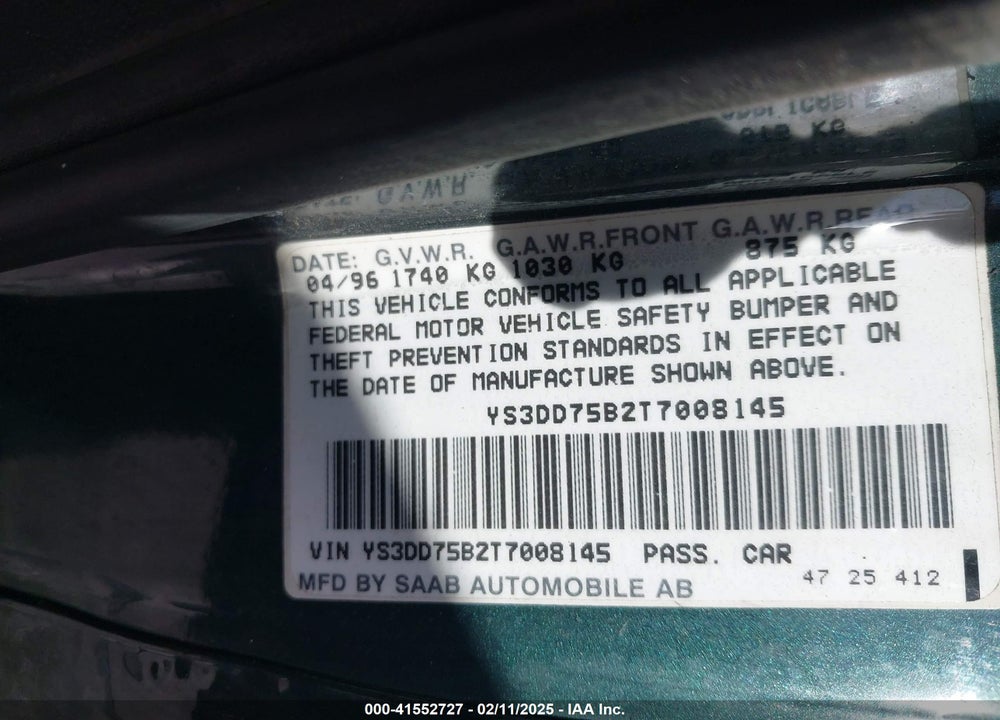 1996 SAAB 900 S VIN: YS3DD75B2T7008145