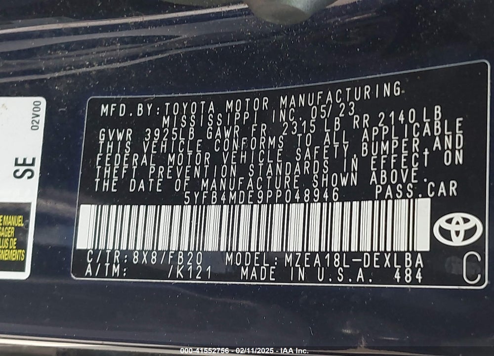 2023 TOYOTA COROLLA LE VIN: 5YFB4MDE9PP048946