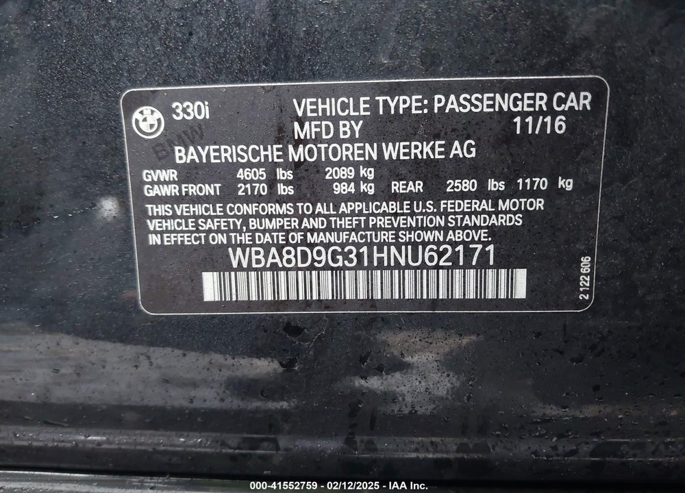 2017 BMW 330I XDRIVE VIN: WBA8D9G31HNU62171