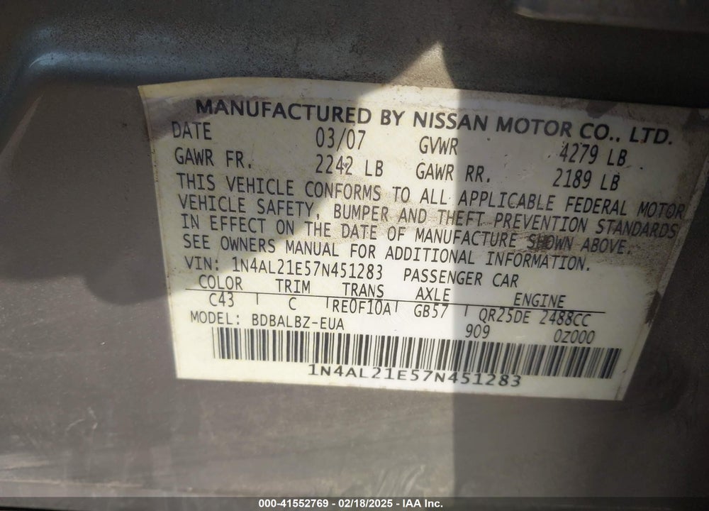 2007 NISSAN ALTIMA VIN: 1N4AL21E57N451283