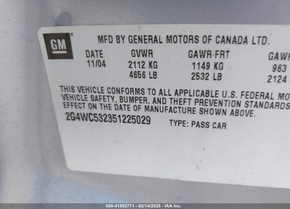 2005 BUICK LACROSSE CX VIN: 2G4WC532351225029