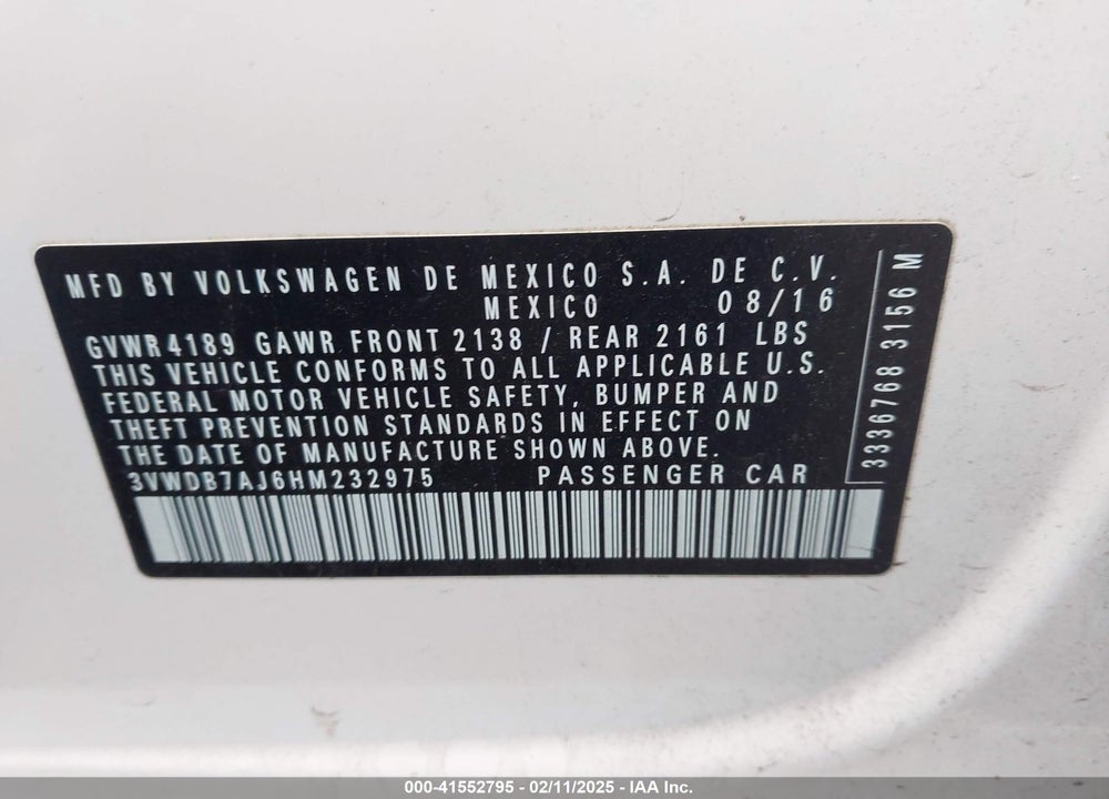 2017 VOLKSWAGEN JETTA VIN: 3VWDB7AJ6HM232975